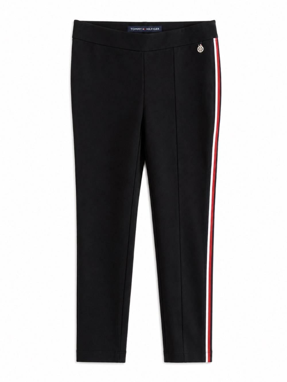 Tommy Hilfiger Black Skinny Ponte Pants w Red & White Stripe & TH Charm – Large